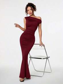 Ropa de verano, atuendos para citas diarias y viajes, atuendos de fiesta, ropa interior elegante para mujeres, atuendos para salir, vestido asimétrico con hombros caídos y cola de pez extra larga, atuendos de club para mujeres, atuendos para - Burdeos - Ver 5