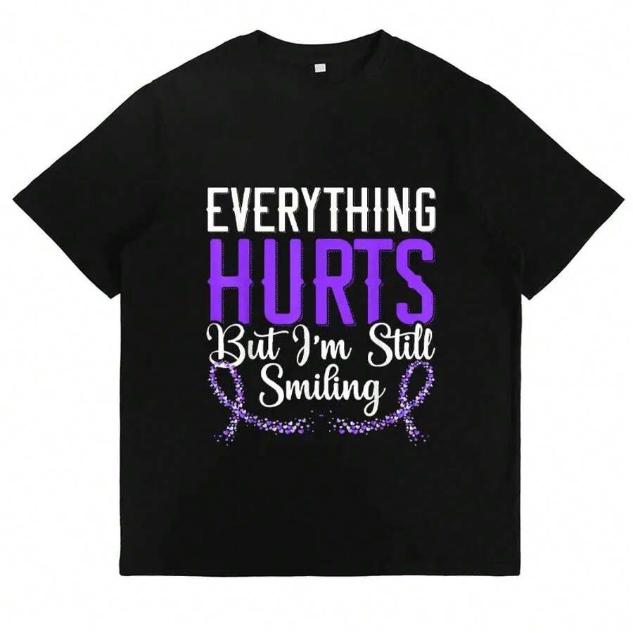 Todo duele, pero sigo sonriendo - Camiseta gráfica para la conciencia sobre enfermedades crónicas, ropa casual diaria, regalo para guerreros, camiseta inspiradora y moderna para mujeres, ropa elegante con cinta morada. - Negro - Ver 1