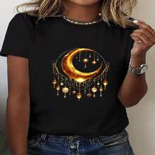 Women's Vintage Gold Moon & Star Dreamcatcher Graphic Cotton T-Shirt, Short Sleeve Round Neck Casual Top - Negro - Ver 1