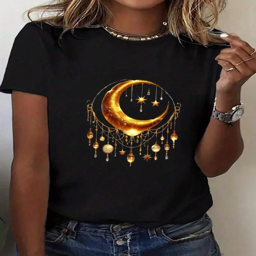 Women's Vintage Gold Moon & Star Dreamcatcher Graphic Cotton T-Shirt, Short Sleeve Round Neck Casual Top - Negro - Ver 1