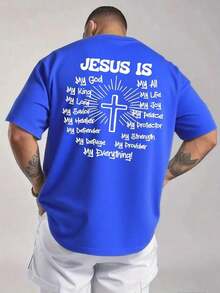 Men's Classic Graphic T-Shirt, Jesus Cross, Faith, Everyday Wear, 100% Cotton, Unisex, Gift Idea For Him Or Her, Religious Clothing, Spiritual Clothing, Christian T-Shirt, Comfortable Design, Casual Style, Summer T-Shirt - 藍色 - 查看 3