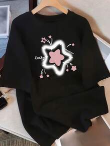 Camiseta de Verano 2026 de Algodón Puro, Holgada, de Cuello Redondo, Versátil, Cómoda, Casual, para Mujer, Juvenil, Moderna, de Manga Corta para Uso Diario - Negro - Ver 6