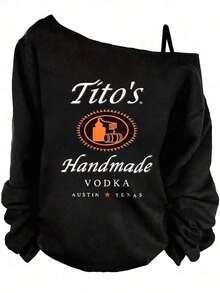 [Popular Summer European And American Fashion Items] Women's Asymmetrical One-Shoulder Long Sleeve, Summer Sweatshirt -Tito's Handmade Vodka Austin ★ Texas Off - The - Shoulder Sweatshirt, Black With White & Orange Text Logo, Stylish Casual Pullover For Outfits - Hoodies For Women,Valentine Outfits For Women,Vacation Outfits Women,Valentine's DaySuitable For Women's Summer Sun Protection, Dating, Graduation Season, Independence Day, And Other Daily Activities - 紅色 - 查看 7