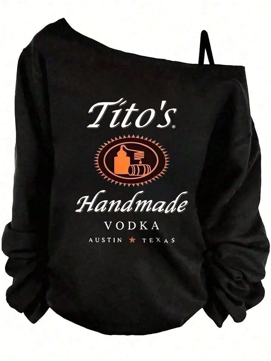 [Popular European And American Fashion Long-Sleeve Sweatshirt Items]Women's Single-Shoulder Sweatshirt Long Sleeve -Tito's Handmade Vodka Austin ★ Texas Off - The - Shoulder Sweatshirt, Black With White & Orange Text Logo, Stylish Casual Pullover For Outfits - Hoodies For Women,Valentine Outfits For Women,Vacation Outfits Women,Valentine's DayWomen's Summer Sun Protection, Valentine's Day, Dating, Shopping, Independence Day, Mother's Day - 黑色 - 查看 1