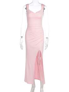 Elegant Sleeveless Dress With Open Back, Ties, Fitted And European Style Slit For Summer - Merah - View 4