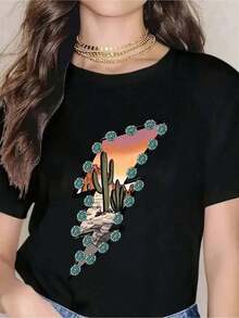 ropa de mujer Camiseta con estampado de cactus del desierto y rayo eléctrico, top casual de moda para mujer, estilo boho, conjunto de verano, camisa con estampado bohemio, camisas de mujer - Negro - Ver 6