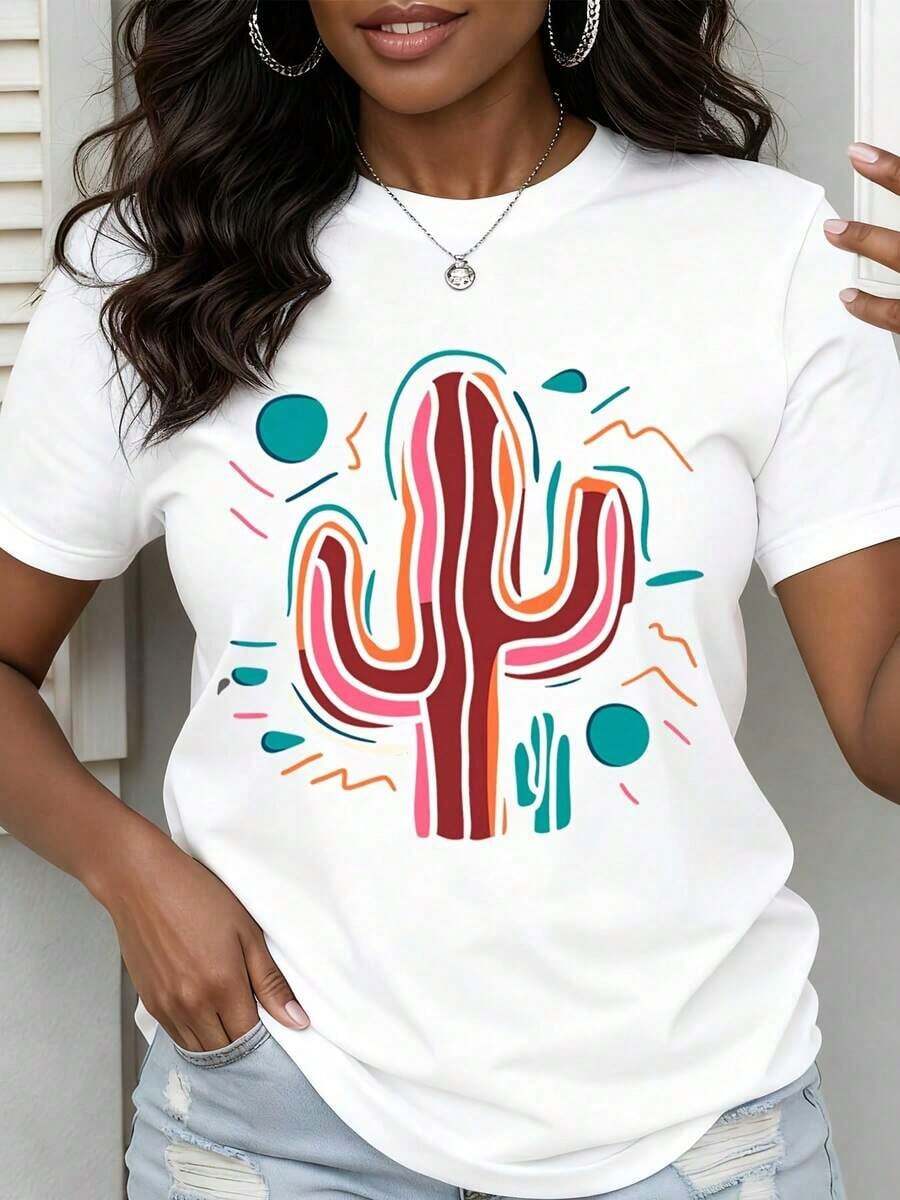 ropa de mujer Camiseta con estampado de cactus colorido para mujer, top casual de verano, manga corta, cuello redondo, camisas de mujer - Blanco - Ver 1