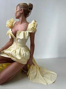 Vestido a rayas con mangas volantes y borde de volutos cintura ajustable estilo casual - Amarillo - Ver 3