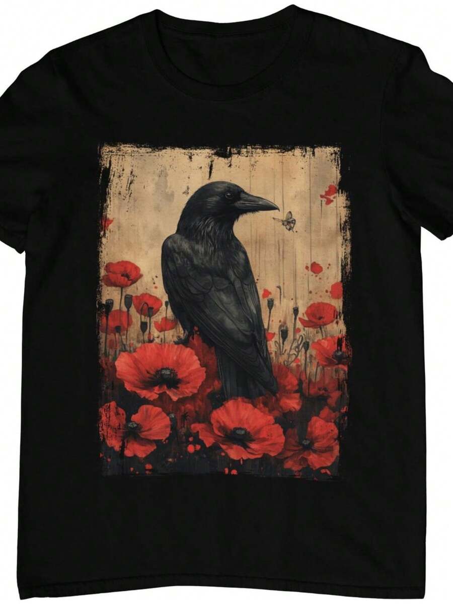 Camiseta Rabe Mohnblume Gothic Krähe Klatschmohn Feuerblume Vintage Floral Goth Art. Camiseta unisex de algodón puro de 220 g. Peso ideal para todas las estaciones, apta tanto para hombres como para mujeres. Tejido duradero de alta calidad, suave al tacto y de larga duración. Prenda transpirable, ideal para el otoño y las vacaciones. - Negro - Ver 1