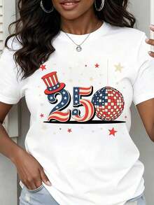 Women's Crew Neck T-Shirt With Patriotic American Flag Design 250, For Independence Day Celebration, Short Sleeve - White - View 1