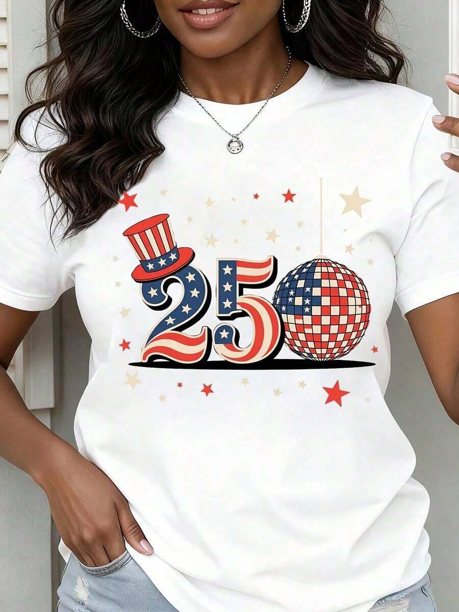 Women's Crew Neck T-Shirt With Patriotic American Flag Design 250, For Independence Day Celebration, Short Sleeve - White - View 1