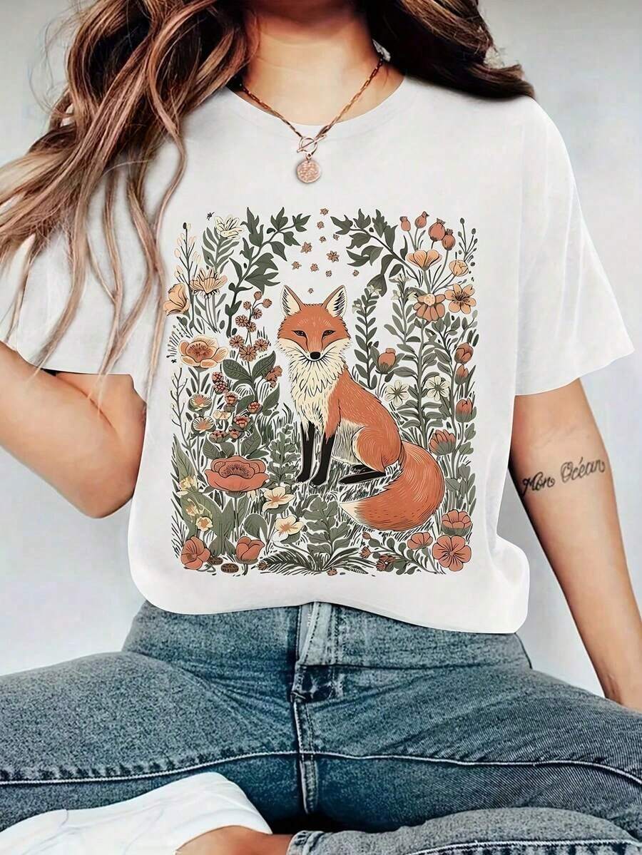 Camiseta gráfica de mujer estilo boho con estampado de zorro en flores silvestres, estilo cottagecore, cuello redondo, manga corta, corte holgado, para amantes de la naturaleza, 100% algodón, moda para todas las estaciones, camisetas de verano, transpirable y cómoda. - Blanco - Ver 1