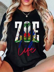 Camiseta Haiti Zoe con Bandera Haitiana, Souvenir del Caribe, Camiseta de Manga Corta para Hombre y Mujer, Camiseta Gráfica Casual - Camiseta Estampada de Cuello Redondo, Camiseta Casual de Manga Corta, Transpirable, Suave,% Algodón - Estilo Urbano Vintage, Unisex, Holgada, de Algodón, de Manga Corta y Cuello Redondo. - Negro - Ver 6