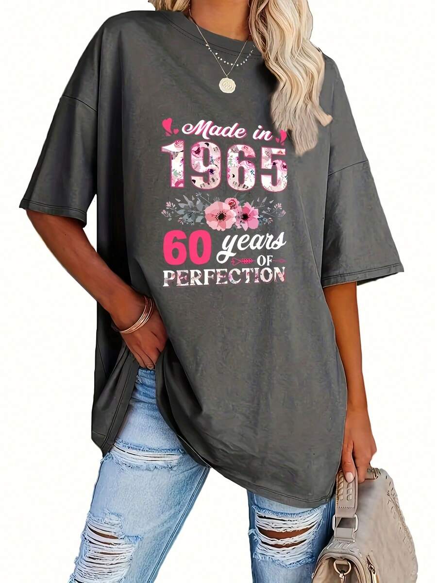 Talla Grande, Camiseta con Estampado de Letras, Manga Corta, Cuello Redondo, Top Casual, Ropa de Mujer - Gris Oscuro - Ver 1