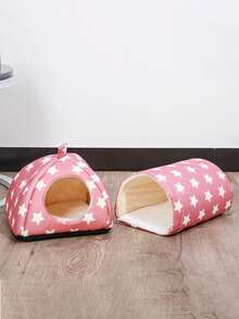 2pcs/Set Star Pattern Hamster Bed, Rabbit Hiding Place, Washable Small Pet Warm Nest With Guinea Pig Tunnel, Rabbit Hiding Cage Accessories Set, Suitable For Hamster, Ferret, Rabbit - Baby Pink - View 12