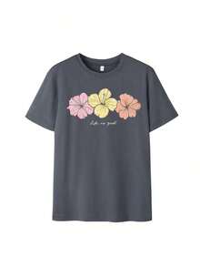 Short-Sleeved T-Shirt With A Ribbed Crew Neck, Hibiscus Print, And Colorful Slogan-A New Summer Style For Women. Soft, Retro Style, Eye-Catching And Comfortable, Suitable For Campus/Work, Weekend Get-Togethers, Summer Patio Parties, And Casual Summer Dates. - 深灰色 - 查看 3