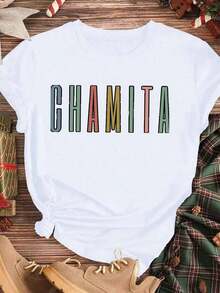 Elegant And Casual Women's Short-Sleeved Chamita T-Shirt, Colorful Letter Print For Summer Festival, White Casual Clothing For Women In Summer. - 白色 - 查看 3