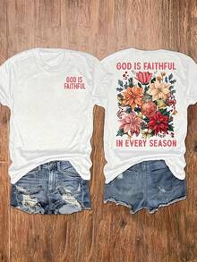 Camiseta de Cuello Redondo con Estampado Floral y de Letras de Navidad y Fe para Mujer, Top Casual de Manga Corta para Vacaciones, Ropa de Mujer, Camiseta de Mujer, Camiseta para Mujer - Blanco - Ver 2