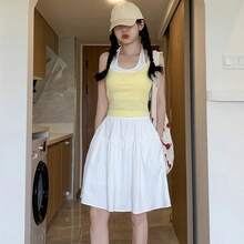 Falda corta azul tibetana para mujer, falda deportiva de media longitud, fina, pequeña, de verano, de fibra de poliéster, de cintura alta - Blanco - Ver 1