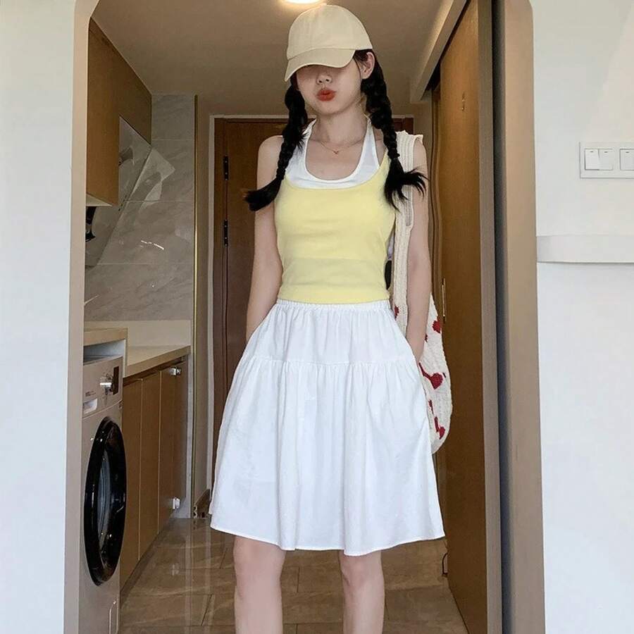 Falda corta azul tibetana para mujer, falda deportiva de media longitud, fina, pequeña, de verano, de fibra de poliéster, de cintura alta - Blanco - Ver 1