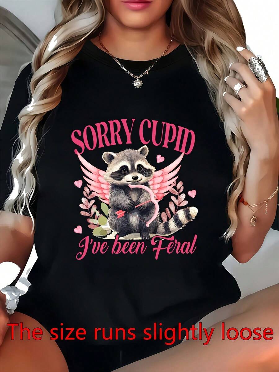 Lo siento, Cupido, una vez fui un mapache salvaje. Camiseta holgada de 180g para mujer, ideal para el Día de San Valentín, un regalo perfecto para amigos y familiares, adecuada para uso diario casual, fiestas y actividades de team building. - Negro - Ver 1