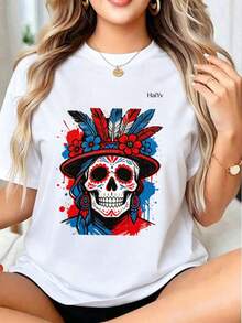 Oferta por tiempo limitado, cantidad limitada disponible,  relámpago, camisas de mujer, camisetas de mujer Playera Blanca de Mujer con Estampado de Calavera Mexicana Folclórica, Camiseta Manga Corta, Moda  Día de Muertos 2026, Ropa Comoda con Diseño Rojo y Azul, Ideal para Fiestas y Uso Diario - Blanco - Ver 11