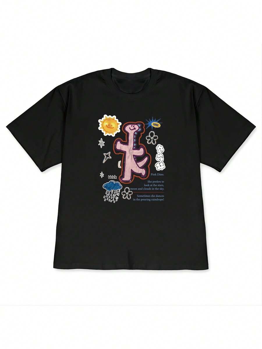 [Alta calidad]Camiseta de manga corta holgada con estampado de dinosaurio rosa, estilo japonés, para mujer, estilo informal y divertido,  de verano. - Negro - Ver 1