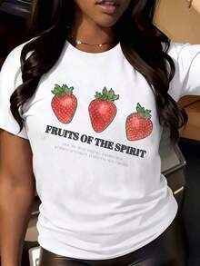 Fashionable Casual T-Shirt For Women, Loose Fit, Round Neck, Short Sleeve, Strawberry Graphic Print "Fruits Of The Spirit", For Daily Wear And Religious Events, 100% Cotton, Durable. - 白色 - 查看 2