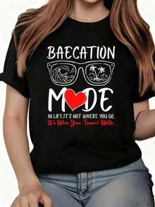 LooseCamiseta de viaje a juego para parejas lindas, camiseta de vacaciones Baecation Mode-Vibes, camisetas gráficas para mujeres, tops cortos, ropa de otoño para mujeres, conjuntos para mujeres, ropa de otoño para mujeres, tops, camisetaBasic Crew Neck Cotton T-shirt for Women - Negro - Ver 1