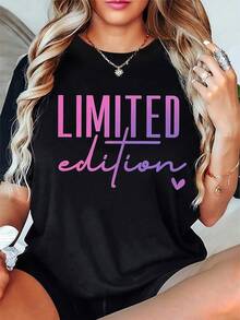Camiseta casual con estampado de letras degradadas de edición limitada para mujer: camiseta de manga corta con cuello redondo elástico suave, ajuste regular lavable a máquina para vestimenta informal de primavera y verano, ropa de primavera y verano Trenblusas para mujer playeras de mujer vestidos casuales para mujer y2k playeras deportivas para mujer verano camisetas ropa de mujer Fashion Perfect For Daily - Negro - Ver 6