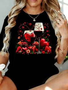 Camiseta Romántica de San Valentín con Diseño de Copa de Vino, Corazón y Fresa para Mujer, 180g, para el Hogar, Ocio, Aire Libre, Regalo para Fiesta de San Valentín - Negro - Ver 1