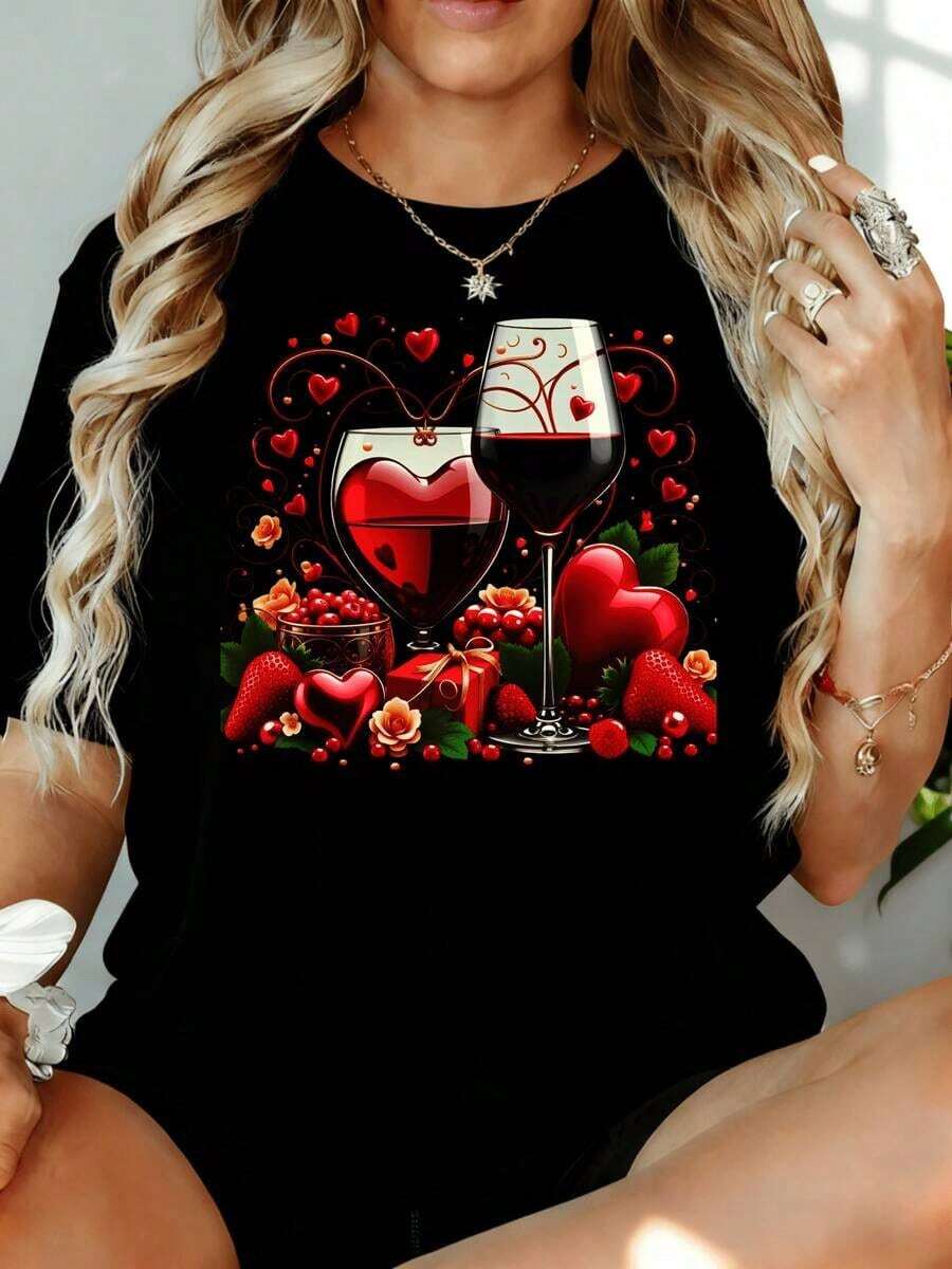 Camiseta Romántica de San Valentín con Diseño de Copa de Vino, Corazón y Fresa para Mujer, 180g, para el Hogar, Ocio, Aire Libre, Regalo para Fiesta de San Valentín - Negro - Ver 1