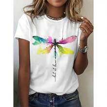 Camiseta Blanca Casual de Moda para Mujer, Diseño de Libélula con Frase Inspiradora, Camiseta de Manga Corta con Cuello Redondo, Estilo Veraniego - Blanco - Ver 4