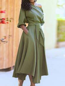 Vestido largo liso hombro asimétrico con lazos y cintura ajustada primavera 2026 - Verde - Ver 7