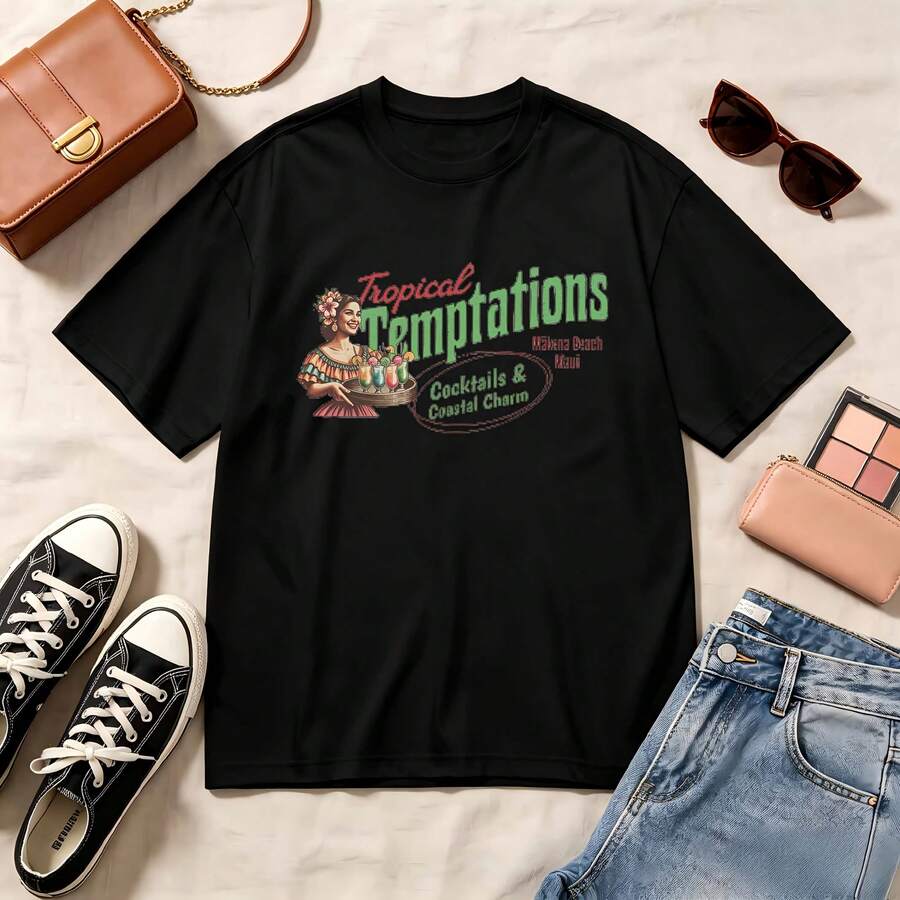 Retro Tropical Temptations, 100% Cotton Oversized Soft Breathable Casual Crewneck Short Sleeve Top, Summer Vibes Streetwear Aesthetic - Negro - Ver 1