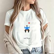 blue hoodie sad boy swing heart print design for women's short sleeve t-shirt romantic melancholic art style unique fashion statement trendy graphic print cute casual wear cozy comfortable stylish outfit choice young adult apparel aesthetic appeal visual attraction online shopping search optimization keyword rich descriptive title - Blanco - Ver 2