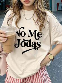 Camiseta de mujer de manga corta, de ajuste holgado, con cuello redondo y estampado de eslogan, nueva para el verano. Prenda de vestir casual y de moda, adecuada para uso diario y vacaciones.,Playera Gráfica Oversized Mujer Verano Casual - Albaricoque - Ver 7