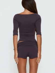 Women Fold Over Waist Shorts Fashionable Solid Color Low Rise Slim Fit Mini Shorts For Beach Daily Wear - Violet Purple - View 3