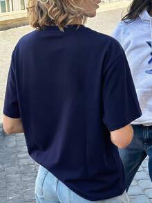 Camiseta de mujer estampada de manga corta para verano, tela de poliéster, estilo multifuncional, corte regular, peso 180 gramos, 1 unidad. - Azul oscuro - Ver 2