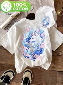 Double-Sided Pink Cherry Blossoms Surrounding A Blue Nine-Tailed Fo, 100% Printed T-Shirt Featuring An Ethereal And Whimsical  Fo With Waves Of Cherry Blossoms, Short Sleeve, Crew Neck, Casual Top For Summer And Spring, Wo's Clothing, Loose And Comfortable. - Back - View 6