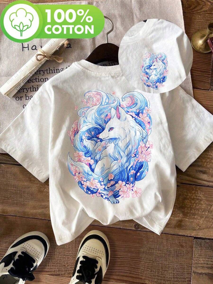 Double-Sided Pink Cherry Blossoms Surrounding A Blue Nine-Tailed Fo, 100% Printed T-Shirt Featuring An Ethereal And Whimsical Fo With Waves Of Cherry Blossoms, Short Sleeve, Crew Neck, Casual Top For Summer And Spring, Wo's Clothing, Loose And Comfortable. - White - View 1