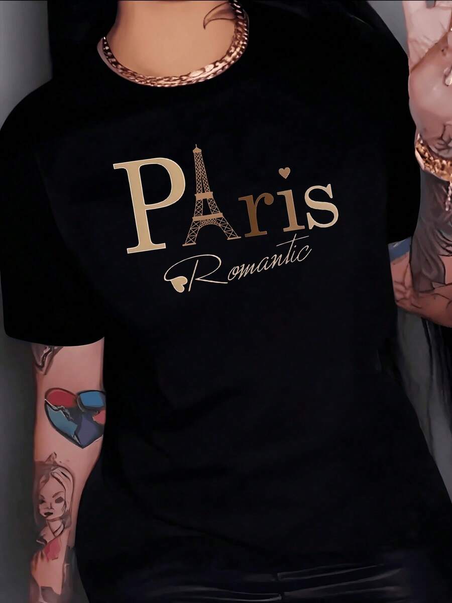 Golden Eiffel Tower Symbolizing Romantic Love And Parisian Elegance, Evoking Sunset Strolls And Feelings Of Eternal Passion; Modern Casual White Women's T-Shirt - 黑色 - 查看 1