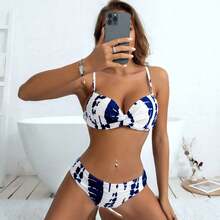 Retro Sexy Lace-Up Cross Bikini Swimsuit With Printed Design And Underwire, High-End Swimwear - Black and White Flowers - View 8
