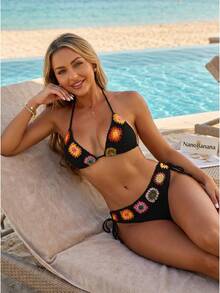 Summer Beach Boho Crochet Trim Bikini, Halter Triangle Tie Two-Piece Swimsuit,Perfect For Beach Vacations - màu đen - Xem 8