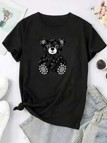 100% cotton 1pc blusas de mujer blusas bonitas para mujeres ropa de mujer conjuntos para mujer Oso geométrico camiseta 180g negro y blanco algodón patrón estampado oso corbata impresión algodón alta calidad cuello redondo ajuste básico holgado hombres y mujeres transpirable versátil lavable a máquina cómoda talla S ~ 3XL diario casual deportes imprescindible verano - Negro - Ver 2