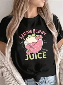 Camiseta de manga corta, ligera y resistente, diseñada con un estampado de jugo de fresa, es perfecta para el uso casual femenino, adecuada para el hogar, cafeterías o actividades al aire libre, y ofrece un ajuste cómodo. Éxito de . - Negro - Ver 7