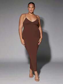 Vestido ajustado unicolor de espalda abierta - Café integral - Ver 5