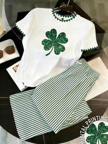 Conjunto casual de 2 piezas para mujer con cuello redondo, manga corta, estampado de langosta a rayas, para verano - Blanco 2 - Ver 1