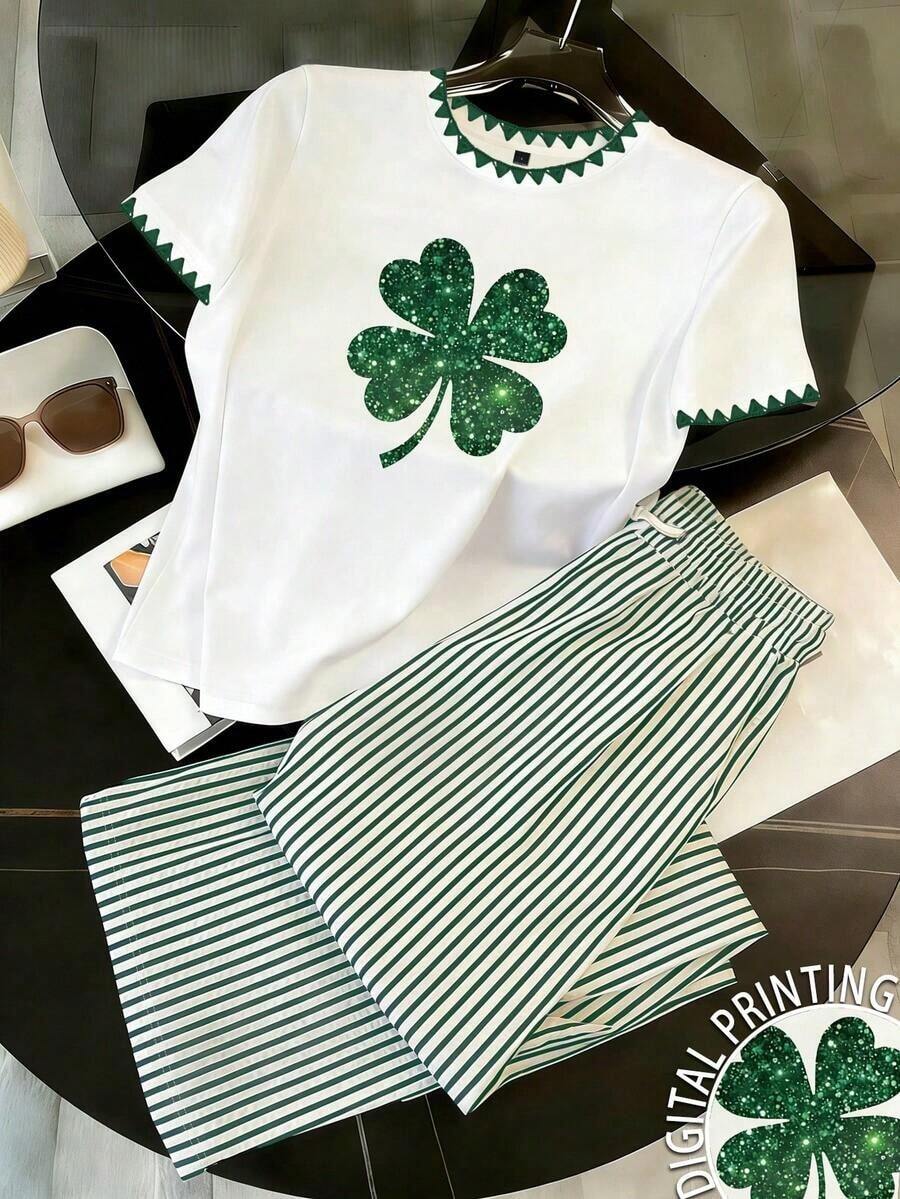 Conjunto casual de 2 piezas para mujer con cuello redondo, manga corta, estampado de langosta a rayas, para verano - Blanco 2 - Ver 1