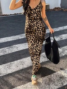 Vestido largo sin mangas con estampado de leopardo para mujer en verano - Marrón - Ver 3